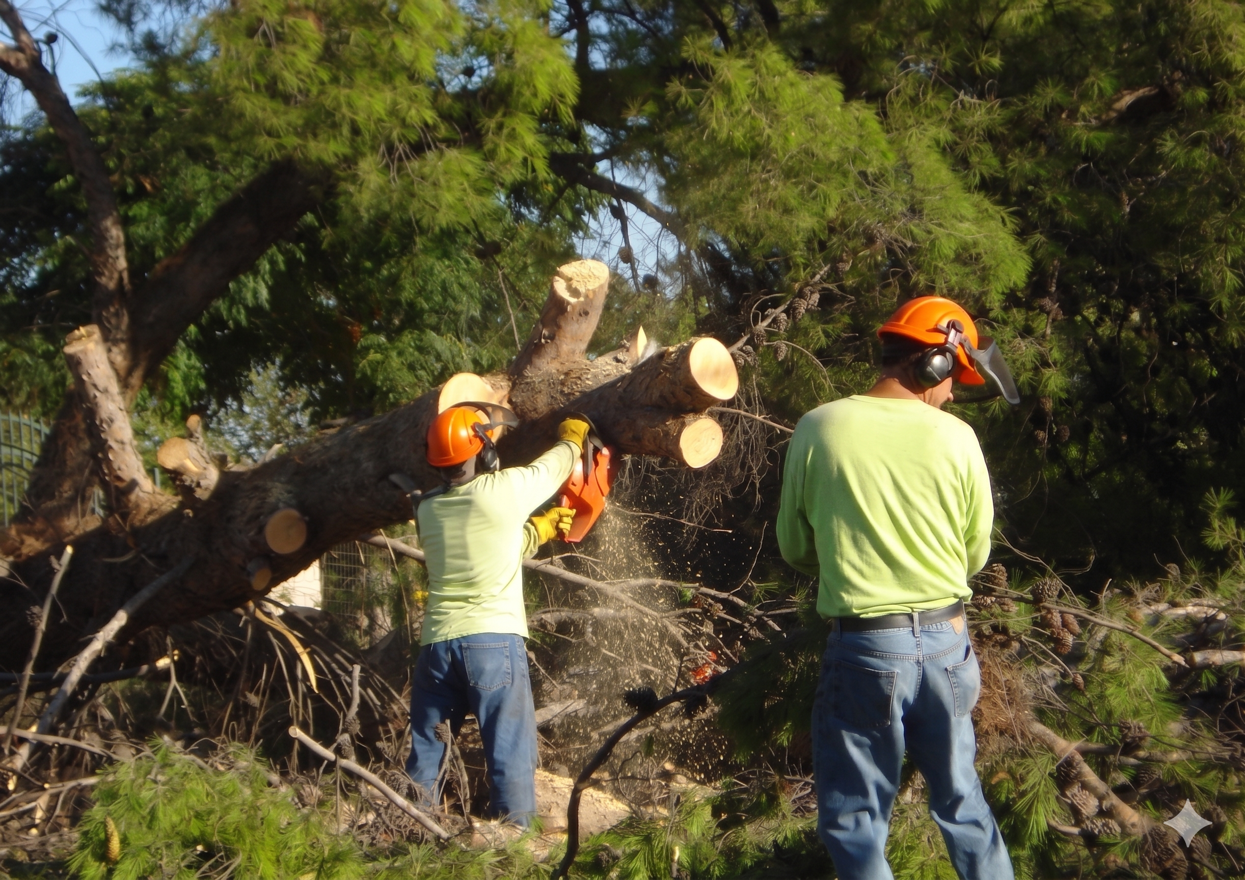 Tree service crew cutting fallen pine tree in Murrieta with chainsaws
